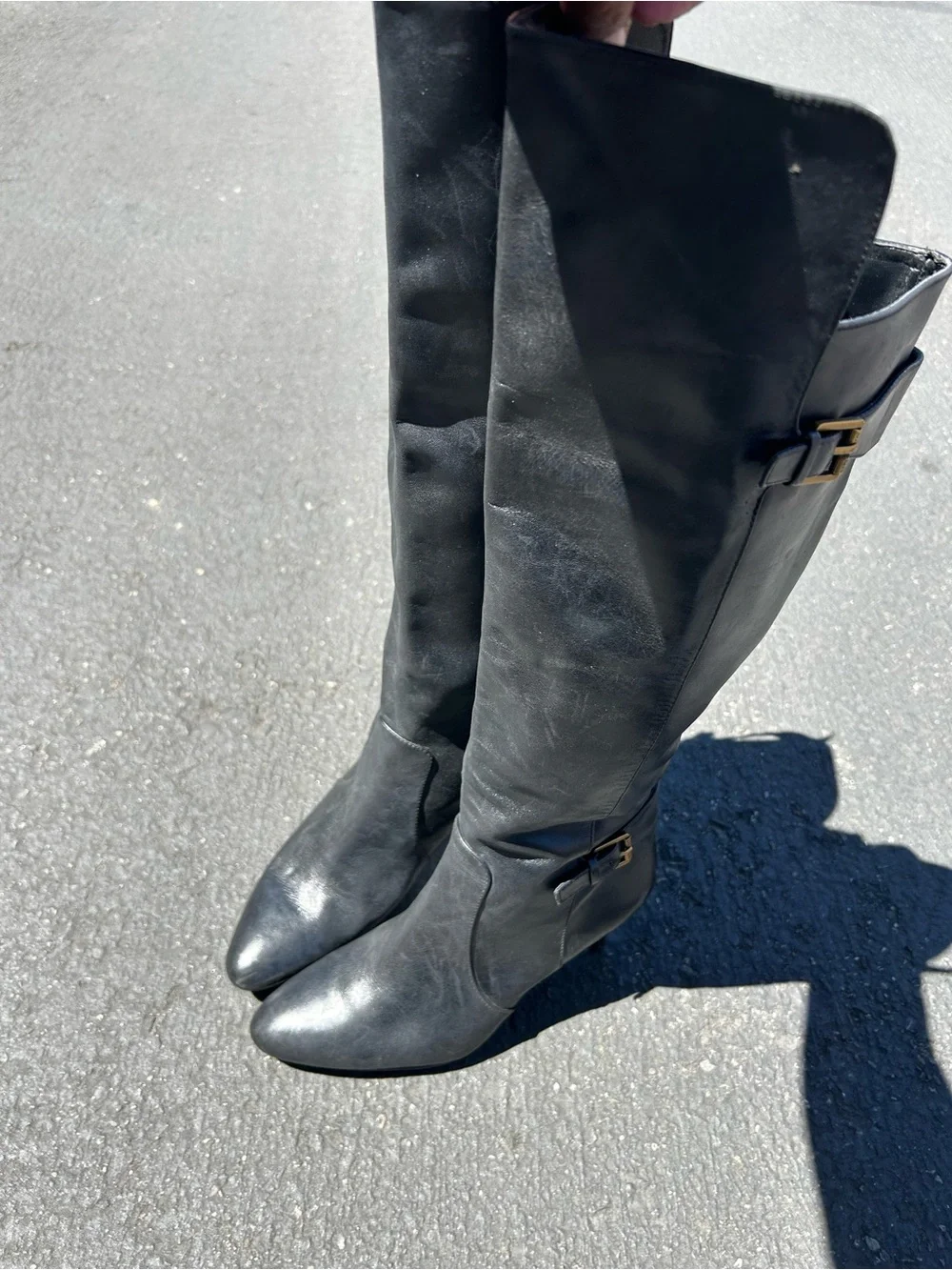 Lauren Ralph Lauren Black Leather Knee-High Boots with Gold Buckles Size 8B